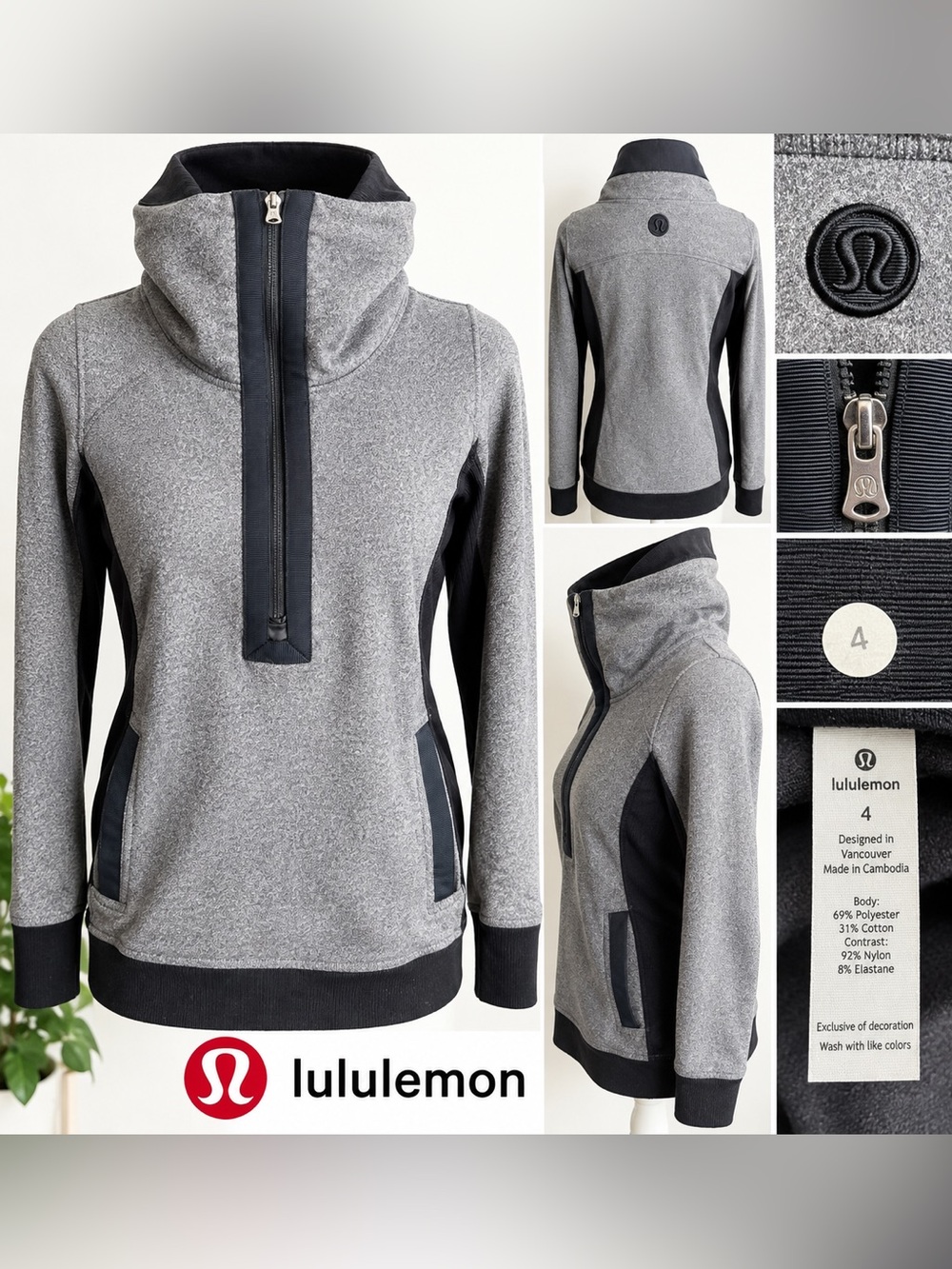 lululemon athletica Gray and Black Half-Zip Hoodie Sz 4